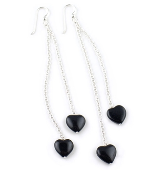 Long Sterling Silver Earrings with Black Agate Hearts