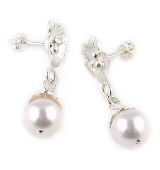 Silver Drop Earrings with White Swarovski Pearls by Chou