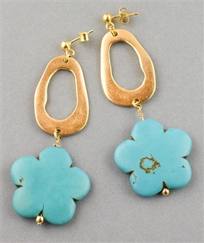 Gold Drop Earrings with Turquoise Flower