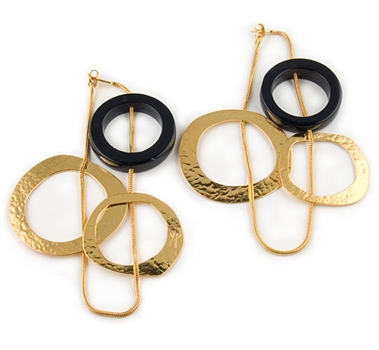 Long Gold Earrings with Black Agate By Herve Van Der Straeten