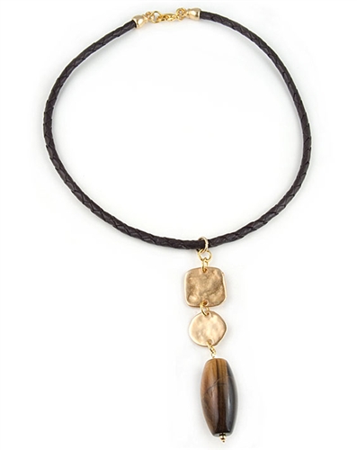 Brown Leather Pendant Necklace with Tiger Eye Semi Precious Stone by Amor Fati