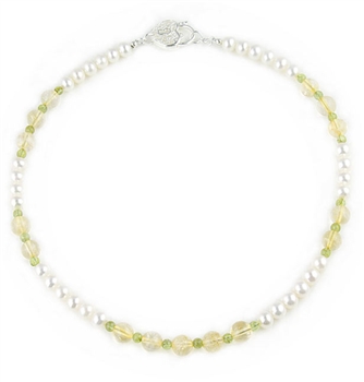 White 7.5-8mm Freshwater Pearls Necklace with Citrine & Peridot semi-precious stones