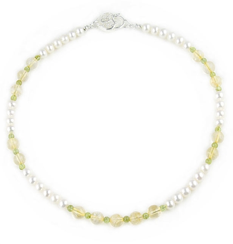 White 7.5-8mm Freshwater Pearls Necklace with Citrine & Peridot semi-precious stones