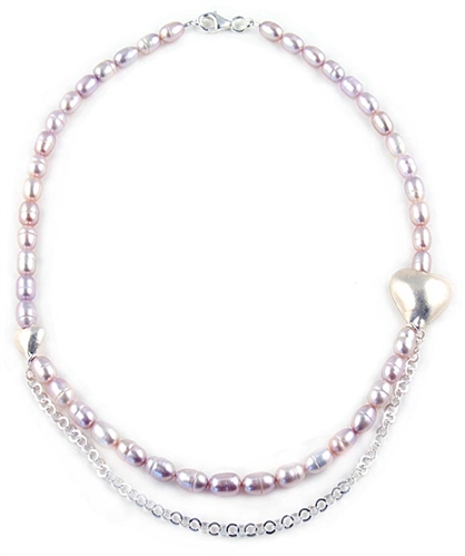 Pink Freshwater Pearls Necklace with Sterling Silver Hearts & Chain by Chou