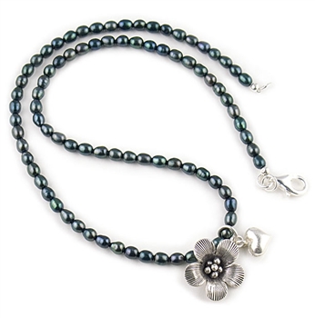 Black Freshwater Pearls & Silver Charms Necklace by Chou