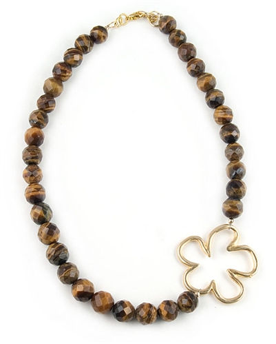 Tiger Eye Semi Precious Necklace with Gold Flower by Chou