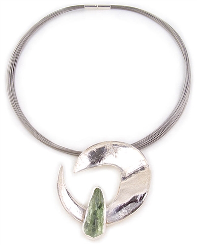 Solid Sterling Silver Pendant Necklace with Green Quartz Gemstone By Elefteriu