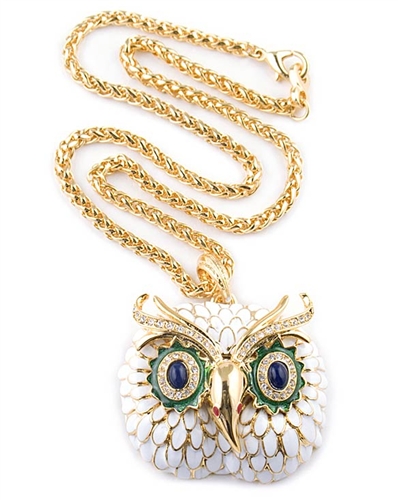 Kenneth Jay Lane White Enamel Owl Pendant Necklace