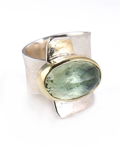 18K Gold & Solid Sterling Silver Ring with Green Amethyst Gemstone by Elefteriu