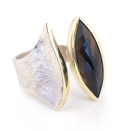 18K Gold & Solid Sterling Silver Ring with Smoky Quartz Gemstone By Elefteriu