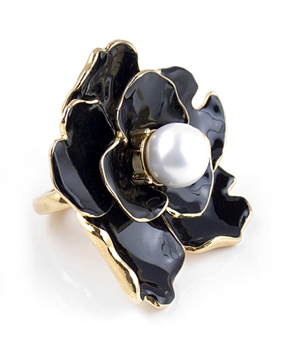 Kenneth Jay Lane Black Flower Ring with Pearl