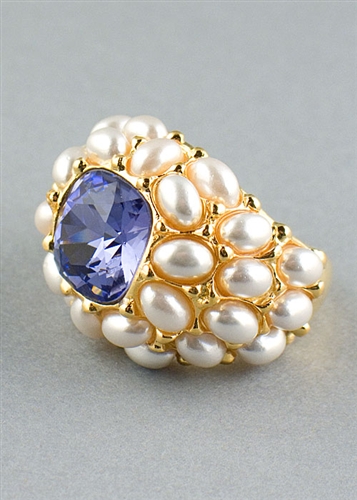 White Beads & Tanzinite Crystal Ring by Kenneth Jay Lane