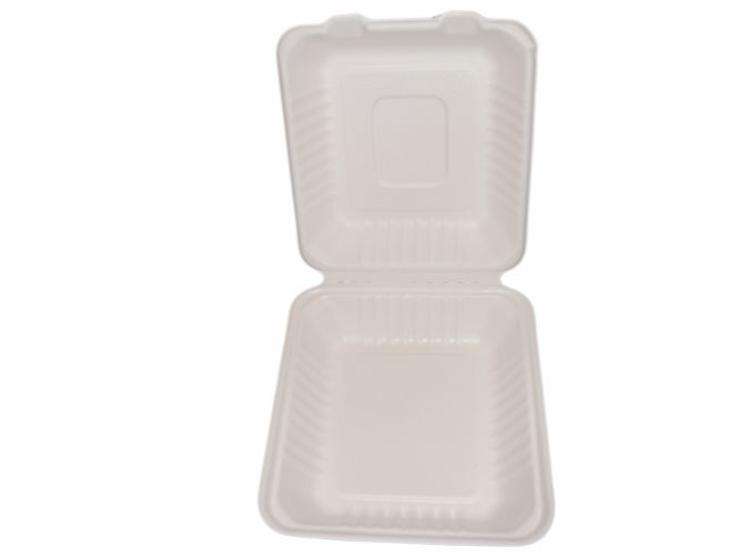 Bagasse Hinged Lid Container,  Deep Medium 7.875 X 8 X 3.19"-Pla Lined - 160/Cs (2 X 80)