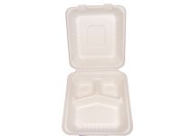 Bagasse Hinged Lid Container,  Deep Medium 3-Section 7.875 X 8 X 3.19"-Pla Lined - 160/Cs (2 X 80)