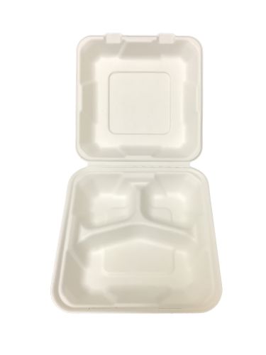 Bagasse Hinged Lid Container -  Medium 3-section 7.875 x 8 x 2.5" - 200/Cs (2 X 100)