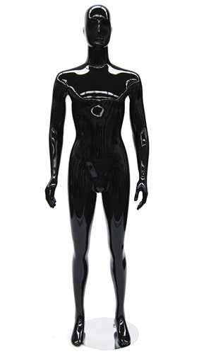 Black Gloss Male Mannequin with Arms at Sides and Abstract Egghead