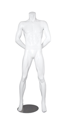 Glossy White Headless Male Mannequin - Arms Behind Back