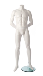 Glossy White Headless Male Mannequin - Arms Behind Back