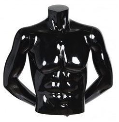 HEADLESS MALE GLOSSY BLACK FREESTANDING 1/2 TORSO FORM WITH ARMS