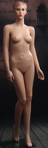 Female mannequin in flesh tone with realistic facial features. She has molded hair and earring holes. Shop all of our realistic female mannequins at www.zingdisplay.com