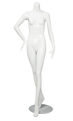 Female Mannequin Glossy White Headless Changeable Heads - Right Arm Bent