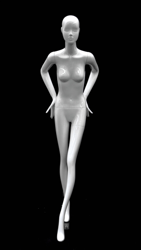 Slender Abstract Female Mannequin Glossy White Leaning Forward