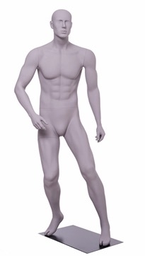 Matte Grey Male Mannequin with Athletic Build.  This mannequin has his arms at his sides in a strong, athletic pose.  Made of fiberglass.