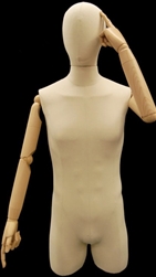Linen Covered Egghead Male Dress Form with Wood-Like Flexible Arms and Hands