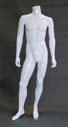 Glossy White Headless Male Mannequin right leg slightly out