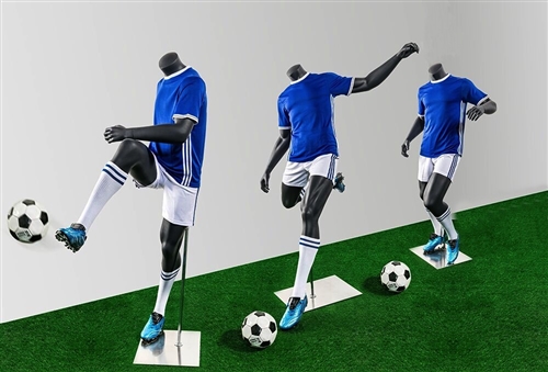 Headless Matte Gray Soccer Mannequin Kicking Pose.  This mannequin is in a dramatic pose, diving for the ball.  Made of fiberglass.