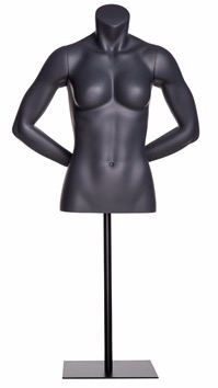 Female Torso in Matte Black. She is headless with his hands behind his back. Comes with a square metal base.