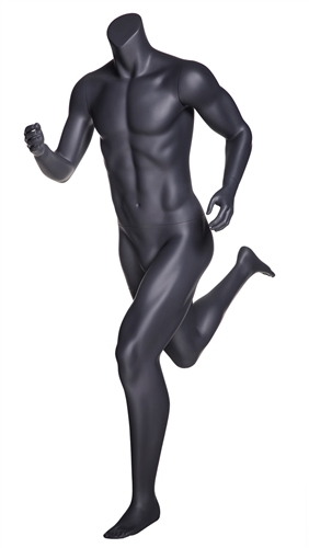 Matte Grey Headless Grey Male Mannequin.  Athletic form great for displaying activewear. He's running in a jogging.