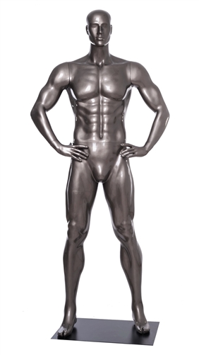 Glossy Grey Male Mannequin with Athletic Build.  This mannequin has his hands on his hips in a strong, athletic pose.  Made of fiberglass.