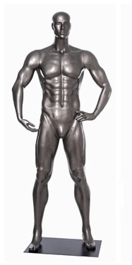 Glossy Grey Male Mannequin with Athletic Build.  This mannequin has his right hand bent to hold the ball of your choice in a strong, athletic pose.  Made of fiberglass.
