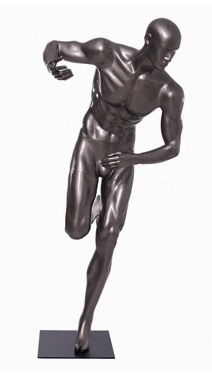 Glossy Grey Male Mannequin with Athletic Build.  This mannequin has his right hand bent to hold the ball of your choice in a running pose.  Made of fiberglass.