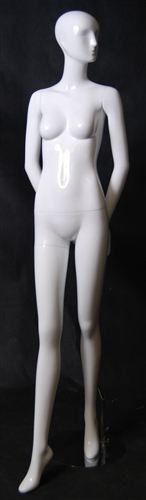 Glossy White Female Mannequin with Abstract Head in a Demure Pose with her Arms Behind her Back