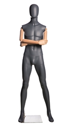 Matte Grey Male Abstract Mannequin with Wooden Posable Arms Wide Stance