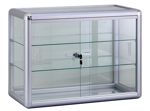 Glass Countertop Display. Comes with 2 glass shelves and a sliding glass door that locks. Shop all of our countertop displays at www.zingdisplay.com