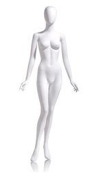 Female Egghead Mannequin in Matte White with arms at sides in a straight on pose with her left leg slightly bent