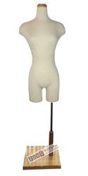 Female Torso Form with Flat Wood Neck Block and Rectangle Base. Pinable for all of your sewing needs.
