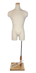 Pinable Male Torso Form Mannequin with Natural Flat Wood Neck Block and Rectangular Base