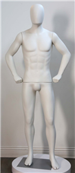 High End Unbreakable Matte White Egghead Male Mannequin - Hands on Hips
