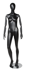 Black Female Egghead Mannequin - Posable Wooden Arms -  Right Leg Bent