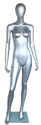 Metallic Silver Female Egghead Mannequin - Right Leg Bent
