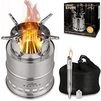 OAKVUE Portable Camping Stove â€“ Stainless Steel Camping Cookware â€“ Lightweight Backpack Stove â€“ Mini Wood Burning Stove for Camping and Hiking â€“ Gasifier Camp Stove â€“ Fire Bellow Lighter Bonus