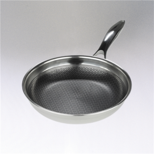 Quick Release stainless steel nonstick fry pan with ergonomic handle in multiple sizes, the inside features a black and stainless steel hexagon shaped surface to provide the ideal cooking surface that is easy to clean