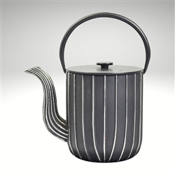 Image of the "Marage" cast iron teapot by Ja by Frieling. This teapot has a textured and handpainted exterior in a gold and mint circle pattern. The image shows the black handle.