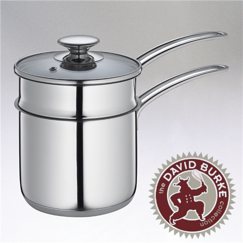 Image of the Kuchenprofi Mini Double Boiler with glass lid, stainless steel and two handles on the side.