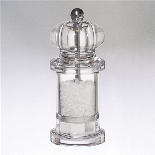 Beautiful mini acrylic pepper mill with chrome accents.