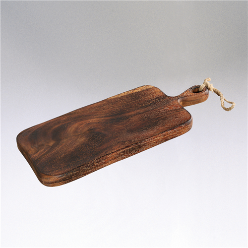 Beautiful acacia wood serving board eighteen inches by seven and a half inches, sustainable and robust enough to resist water damage.
